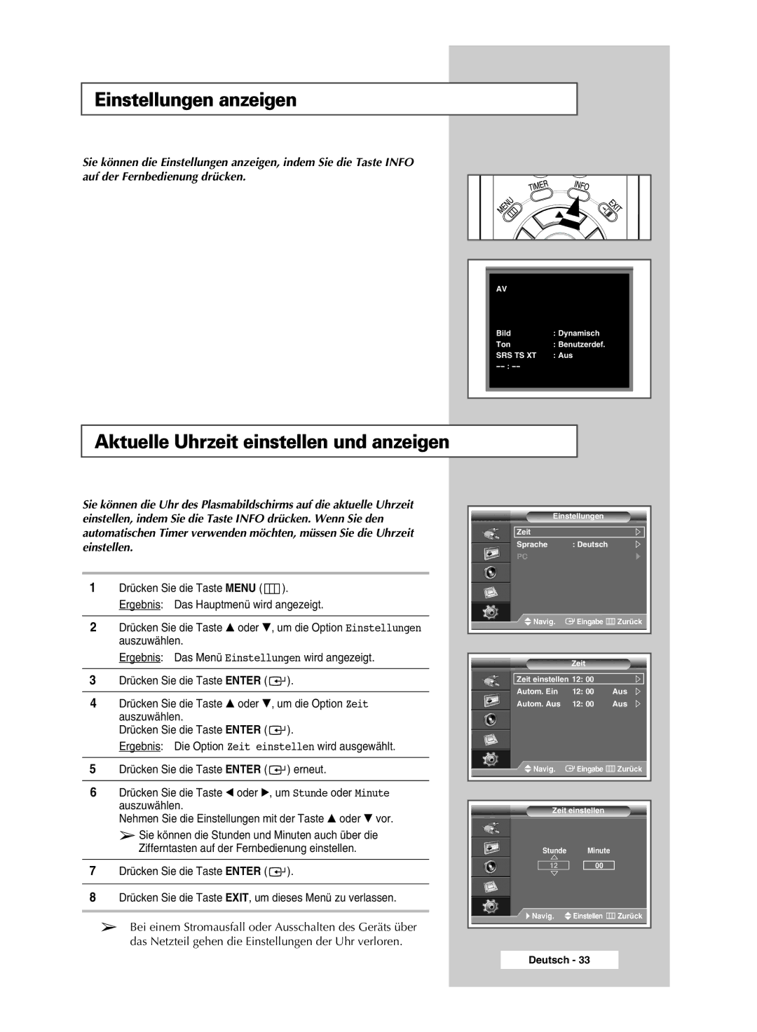 Samsung PPM50M7HSX/EDC, PPM42M7HSX/EDC manual Einstellungen anzeigen, Aktuelle Uhrzeit einstellen und anzeigen 