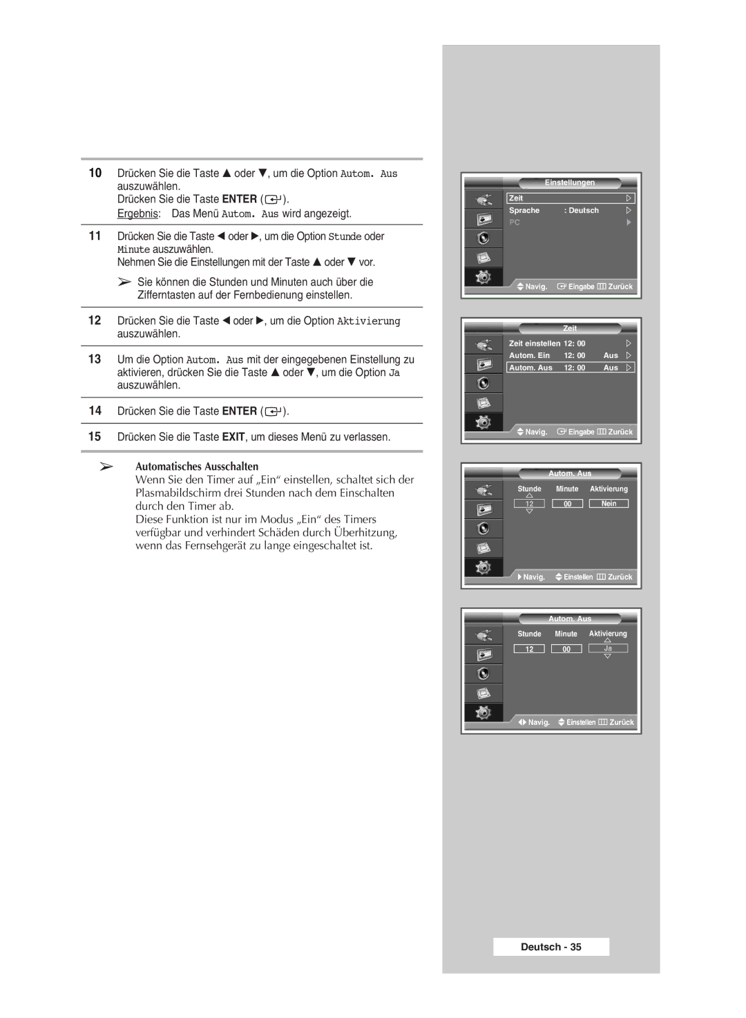 Samsung PPM50M7HSX/EDC, PPM42M7HSX/EDC manual Automatisches Ausschalten 