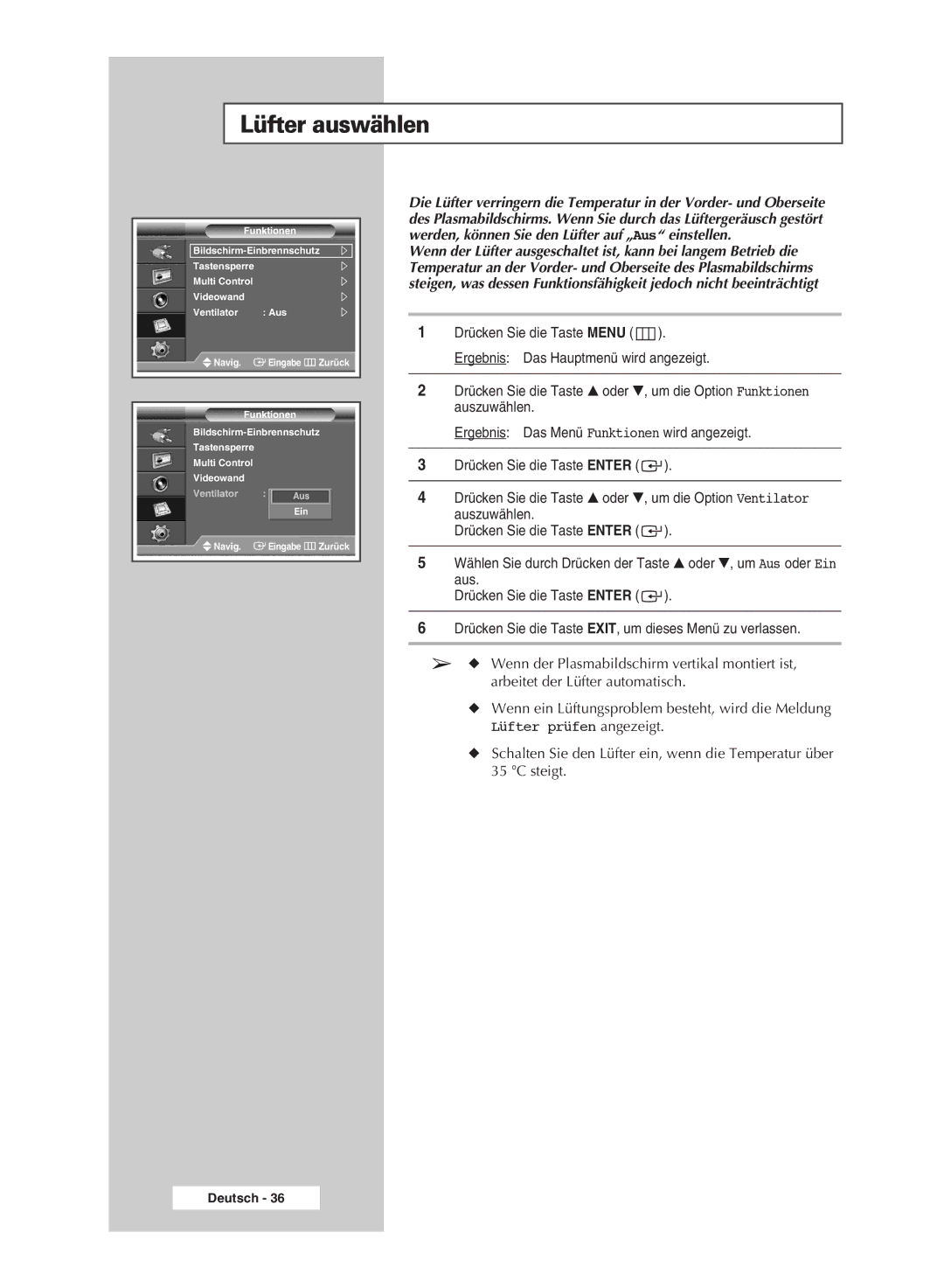 Samsung PPM42M7HSX/EDC, PPM50M7HSX/EDC manual Lüfter auswählen 