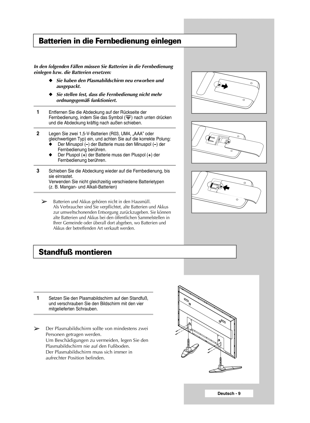 Samsung PPM50M7HSX/EDC, PPM42M7HSX/EDC manual Batterien in die Fernbedienung einlegen, Standfuß montieren 