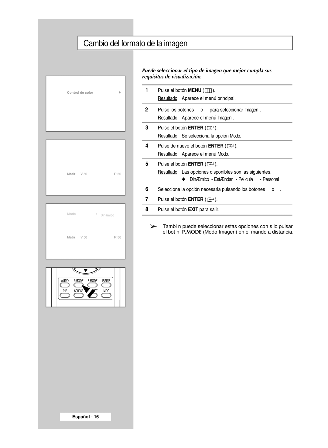 Samsung PPM42M7HSX/EDC, PPM50M7HSX/EDC manual Cambio del formato de la imagen, Pip 