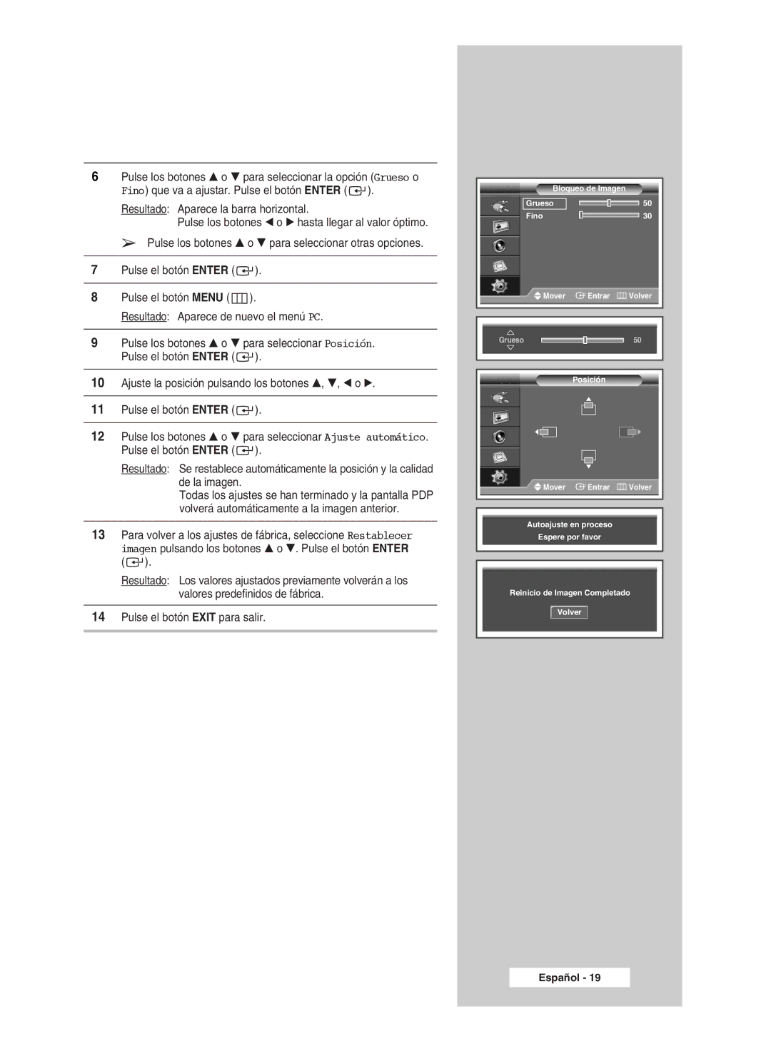 Samsung PPM50M7HSX/EDC, PPM42M7HSX/EDC manual Bloqueo de Imagen Grueso Fino Mover Entrar Volver 