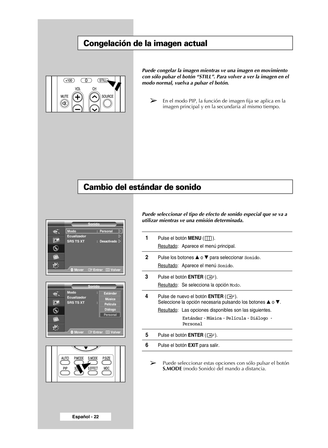 Samsung PPM42M7HSX/EDC, PPM50M7HSX/EDC manual Congelación de la imagen actual, Cambio del estándar de sonido 