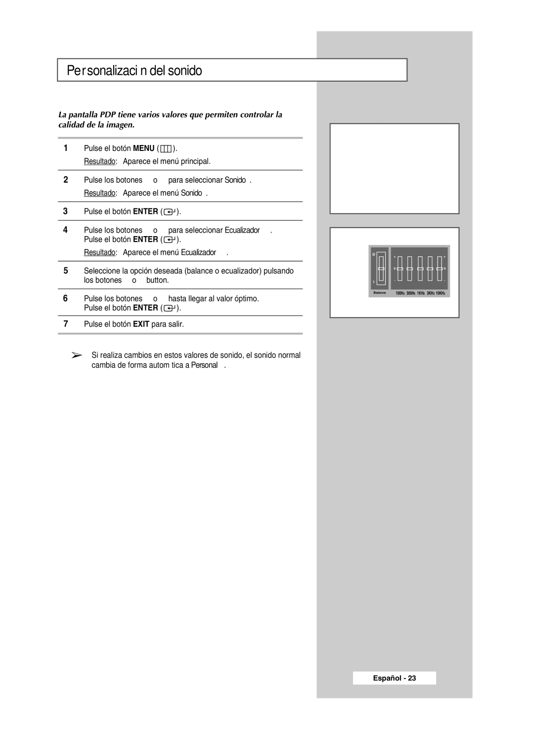 Samsung PPM50M7HSX/EDC, PPM42M7HSX/EDC manual Personalización del sonido 