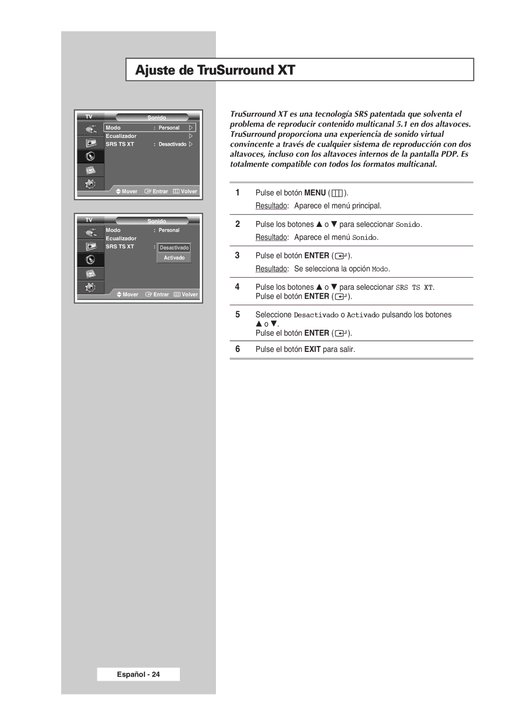 Samsung PPM42M7HSX/EDC, PPM50M7HSX/EDC manual Ajuste de TruSurround XT 