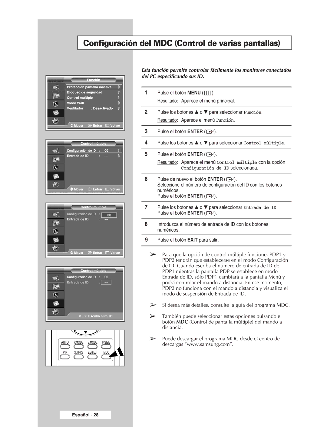 Samsung PPM42M7HSX/EDC, PPM50M7HSX/EDC manual Configuración del MDC Control de varias pantallas 