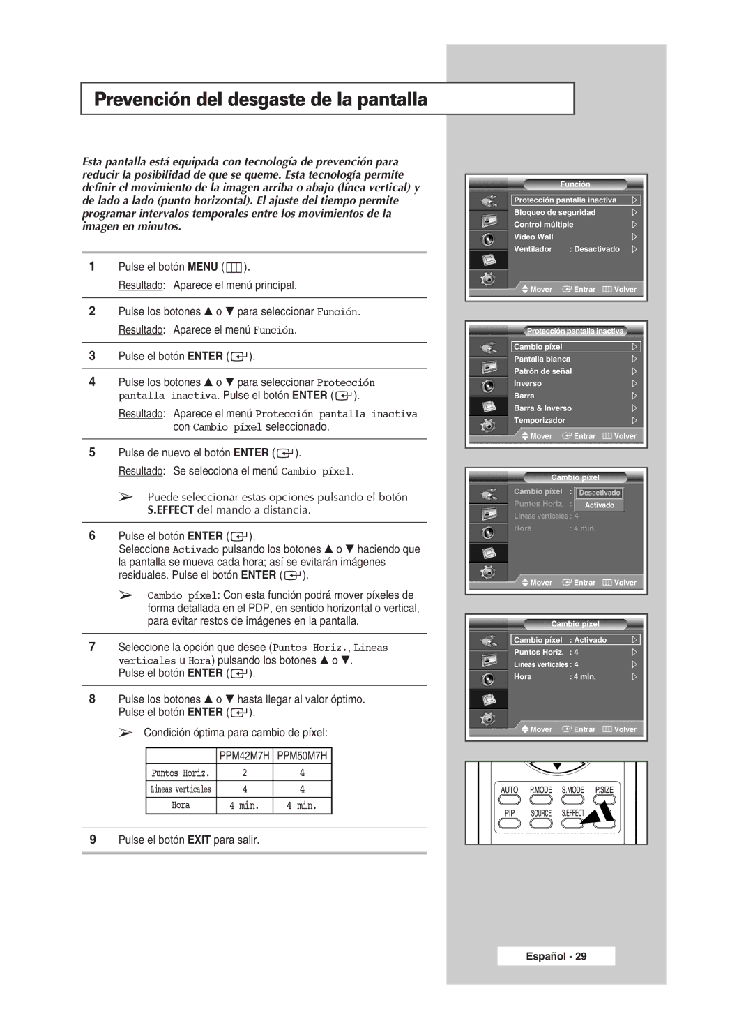 Samsung PPM50M7HSX/EDC, PPM42M7HSX/EDC manual Prevención del desgaste de la pantalla, Min 