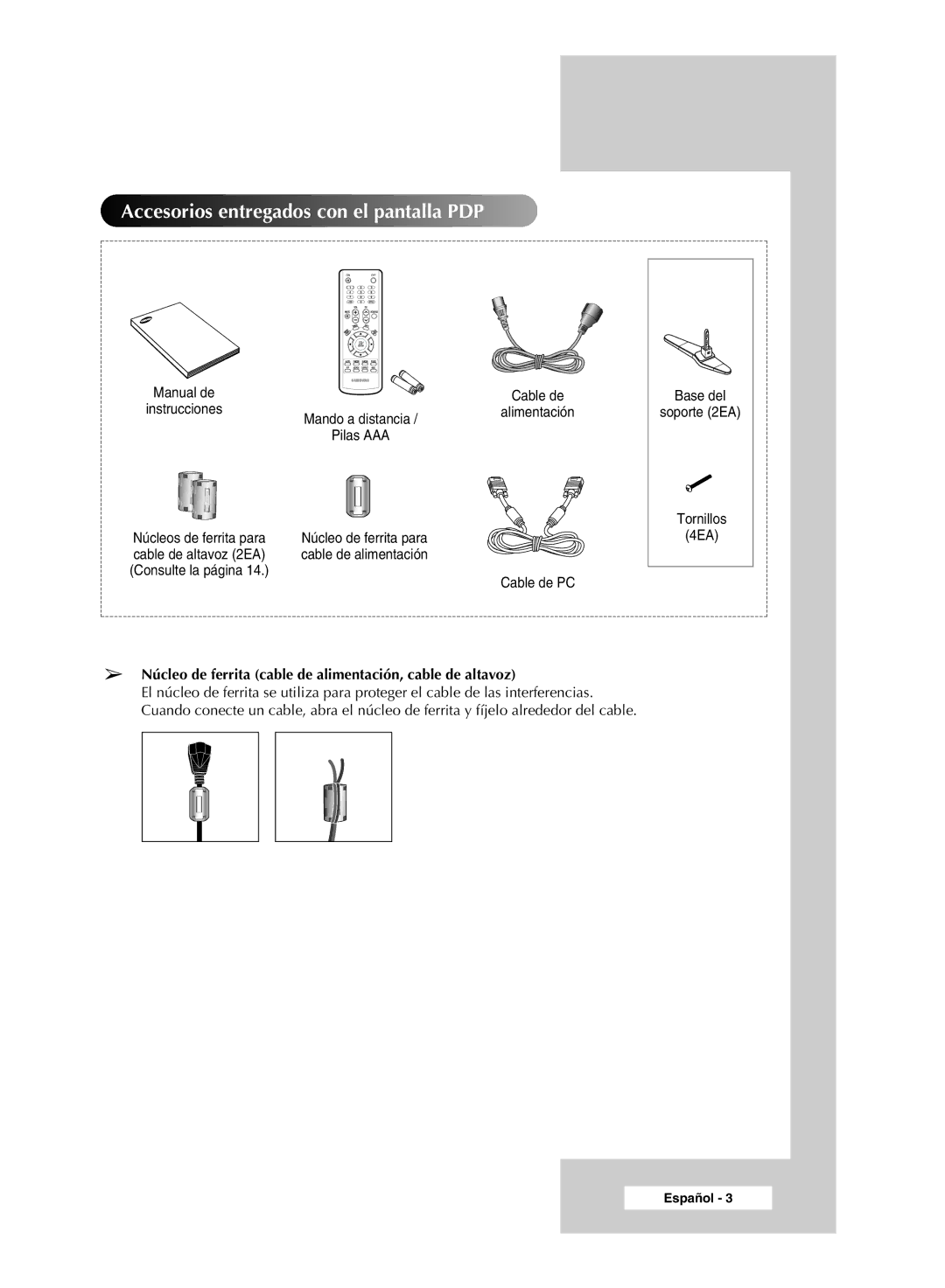 Samsung PPM50M7HSX/EDC, PPM42M7HSX/EDC manual Accesorios entregados con el pantalla PDP 