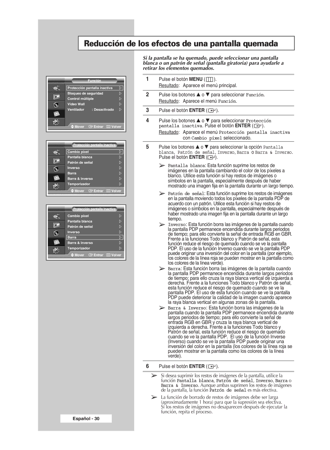 Samsung PPM42M7HSX/EDC, PPM50M7HSX/EDC manual Reducción de los efectos de una pantalla quemada 