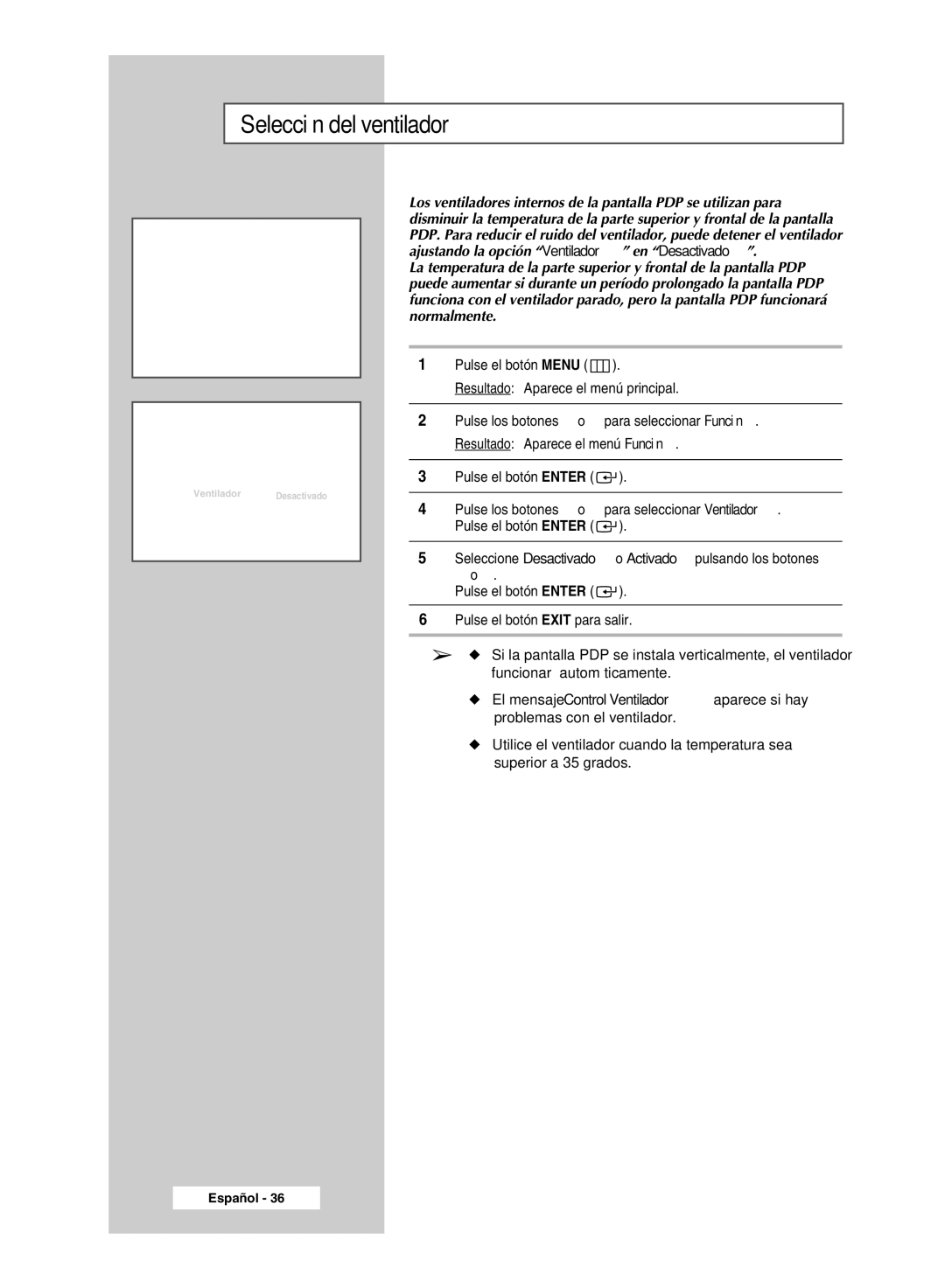 Samsung PPM42M7HSX/EDC, PPM50M7HSX/EDC manual Selección del ventilador 