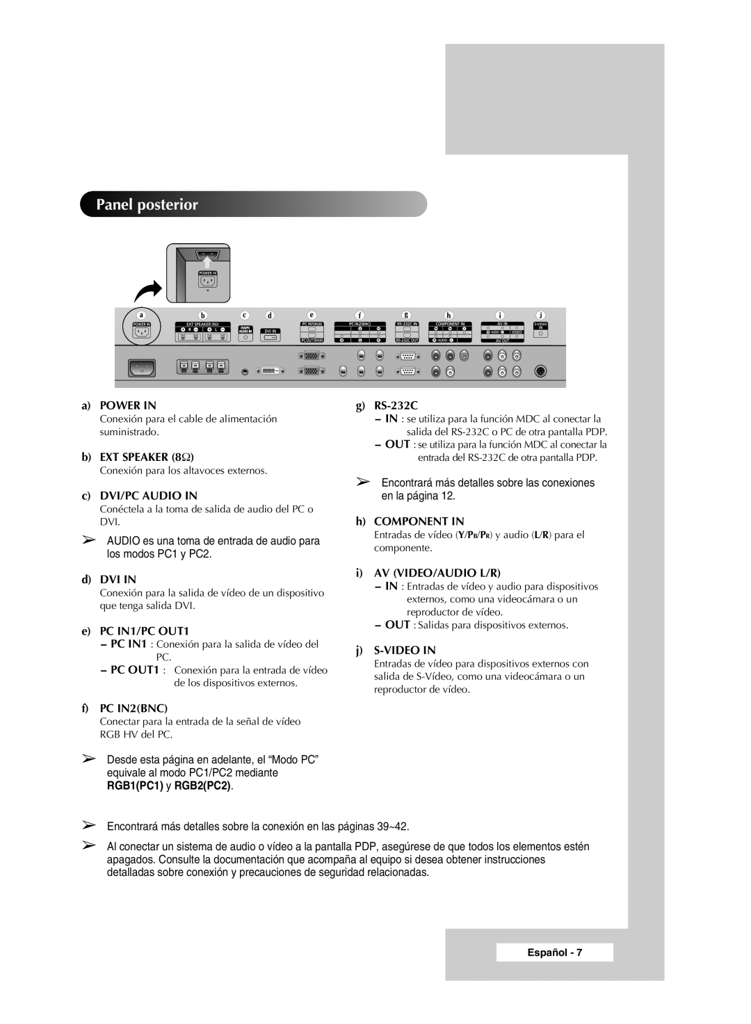 Samsung PPM50M7HSX/EDC, PPM42M7HSX/EDC manual Panel posterior, DVI/PC Audio 