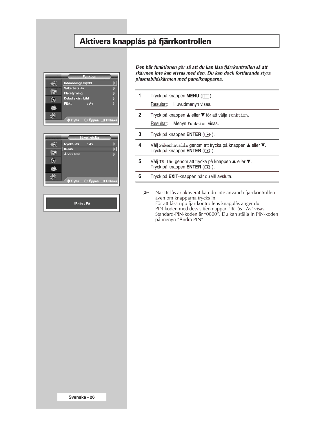 Samsung PPM42M7HSX/EDC, PPM50M7HSX/EDC manual Aktivera knapplås på fjärrkontrollen 