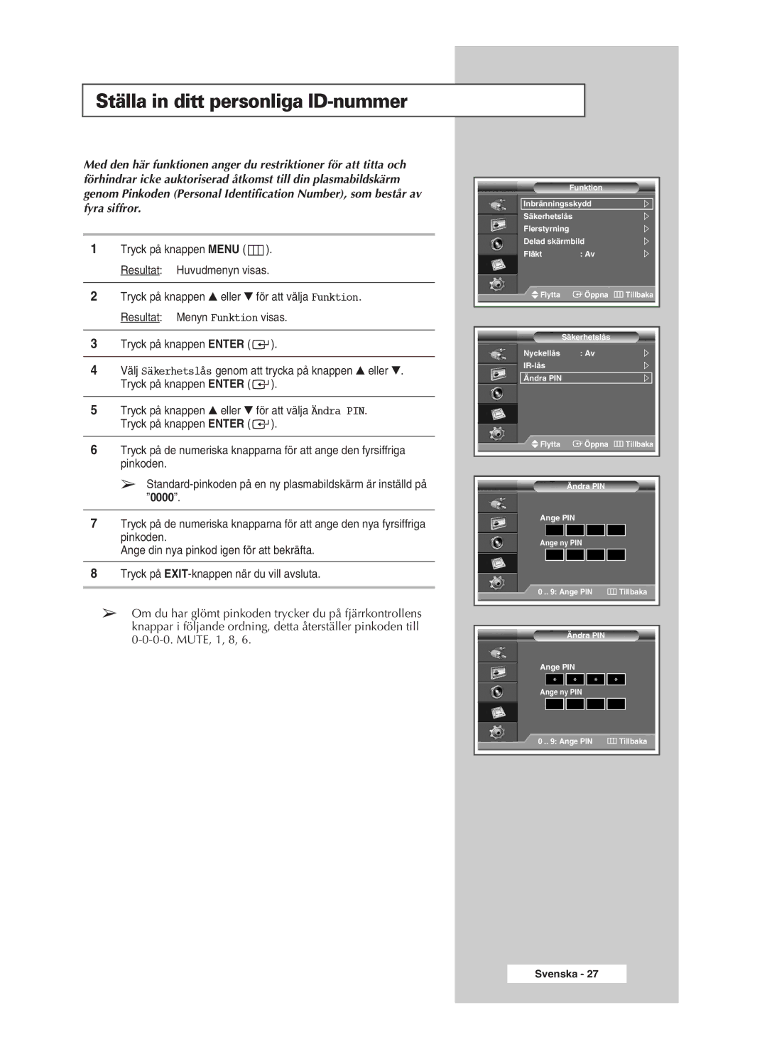 Samsung PPM50M7HSX/EDC, PPM42M7HSX/EDC manual Ställa in ditt personliga ID-nummer 