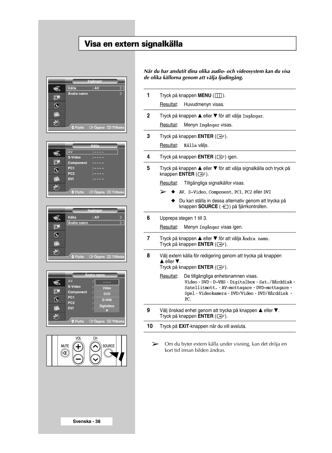 Samsung PPM42M7HSX/EDC, PPM50M7HSX/EDC manual Visa en extern signalkälla, AV, S-Video,Component, PC1, PC2 eller DVI 