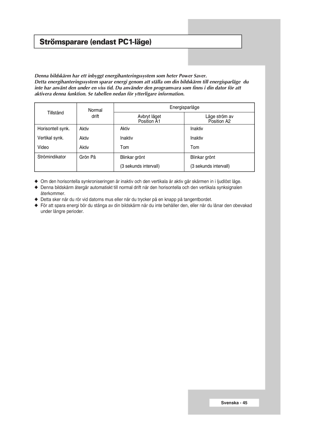 Samsung PPM50M7HSX/EDC, PPM42M7HSX/EDC manual Strömsparare endast PC1-läge 