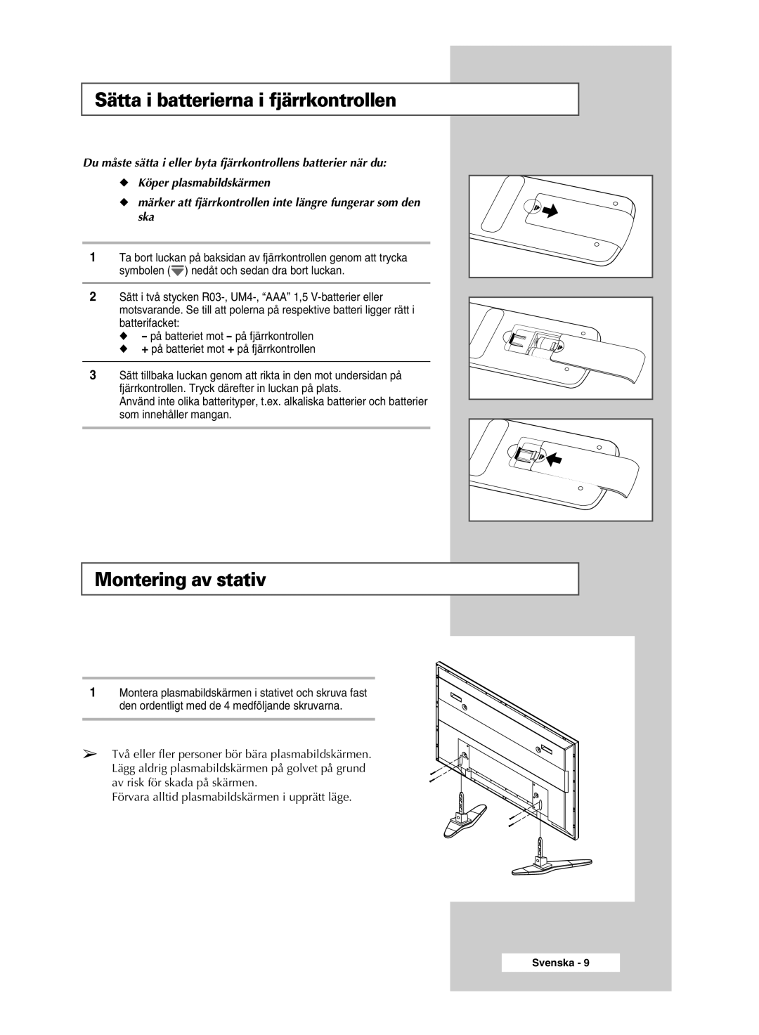 Samsung PPM50M7HSX/EDC, PPM42M7HSX/EDC manual Sätta i batterierna i fjärrkontrollen, Montering av stativ 