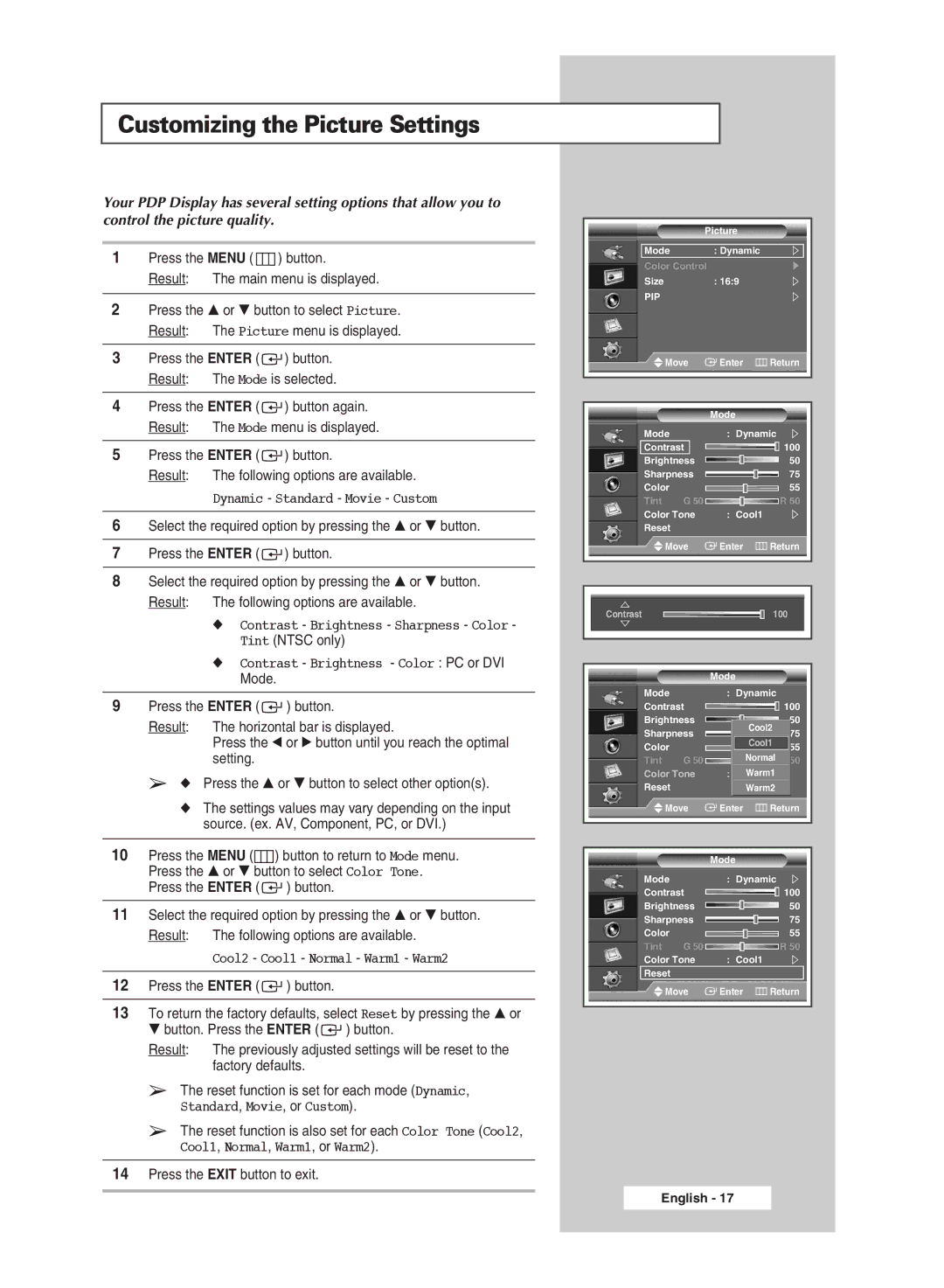 Samsung PPM50M8H, PPM42M8H manual Customizing the Picture Settings, Press the Menu Button to return to Mode menu 