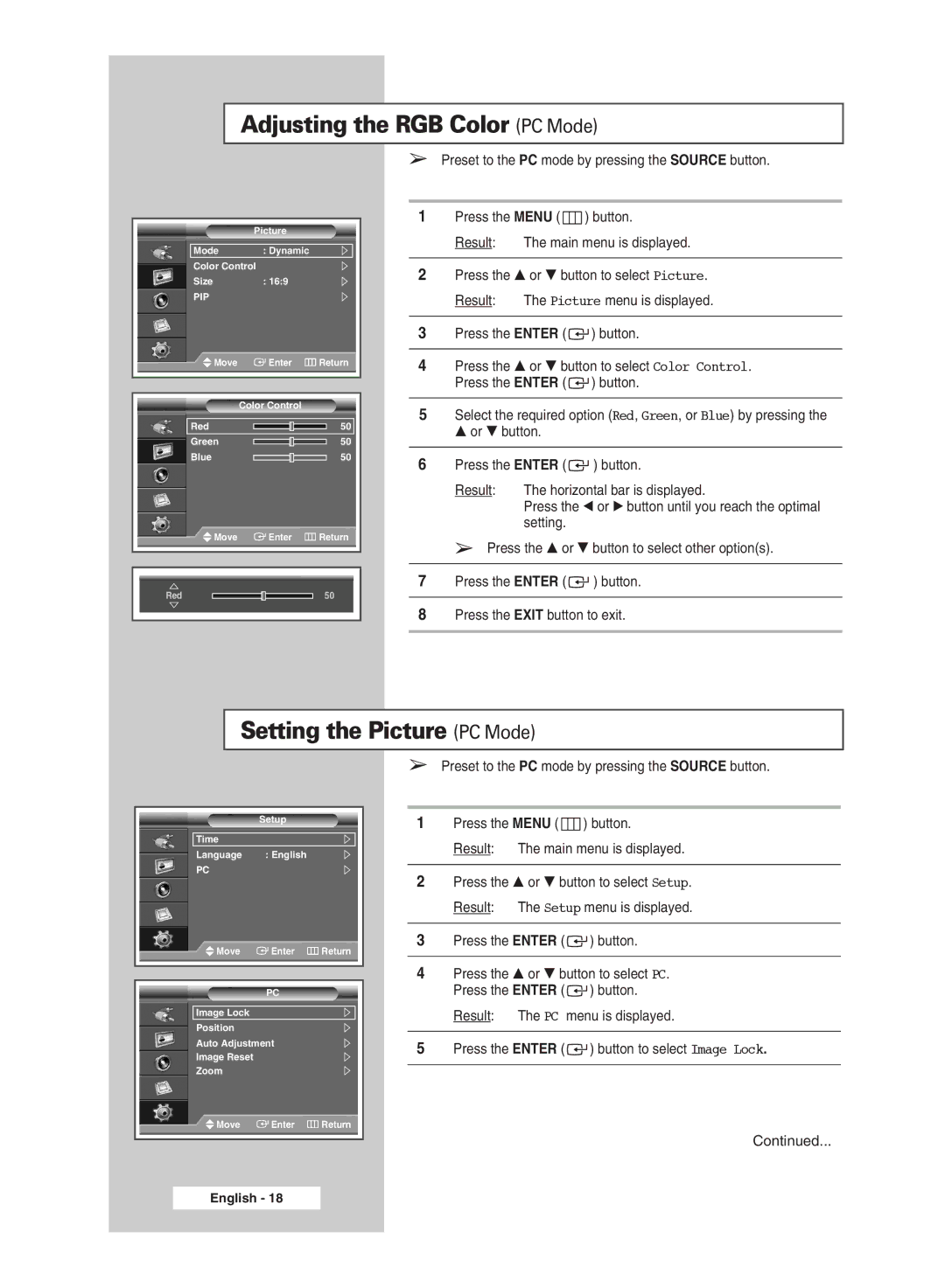 Samsung PPM42M8H, PPM50M8H manual Adjusting the RGB Color PC Mode, Setting the Picture PC Mode 