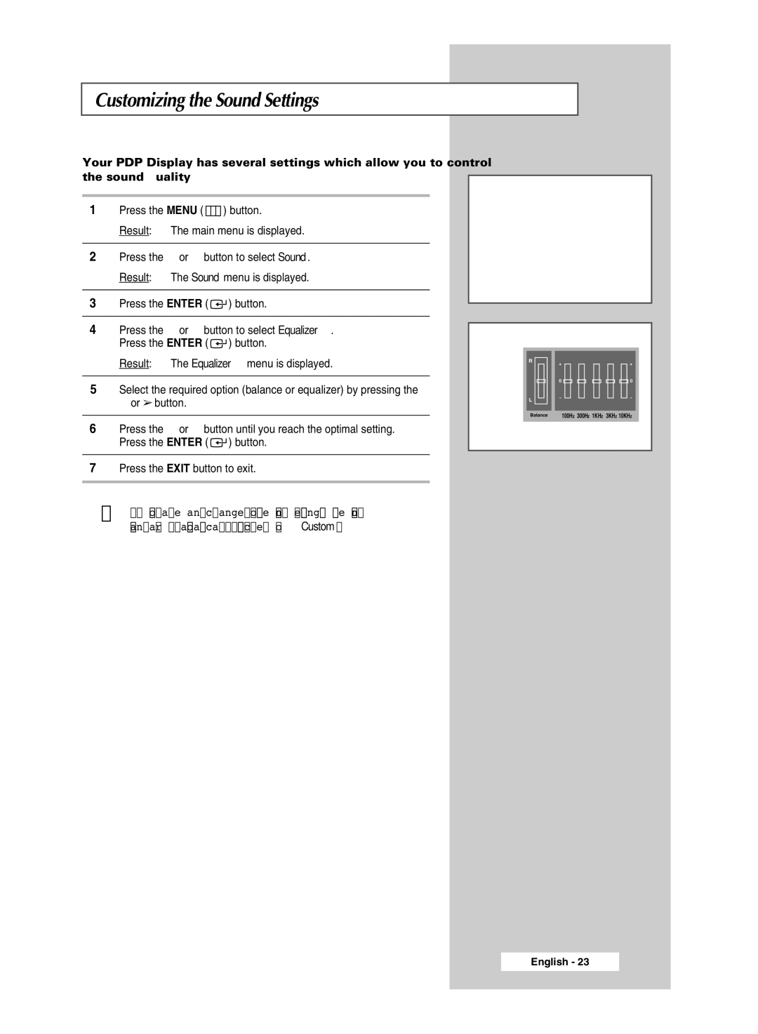 Samsung PPM50M8H, PPM42M8H manual Customizing the Sound Settings 