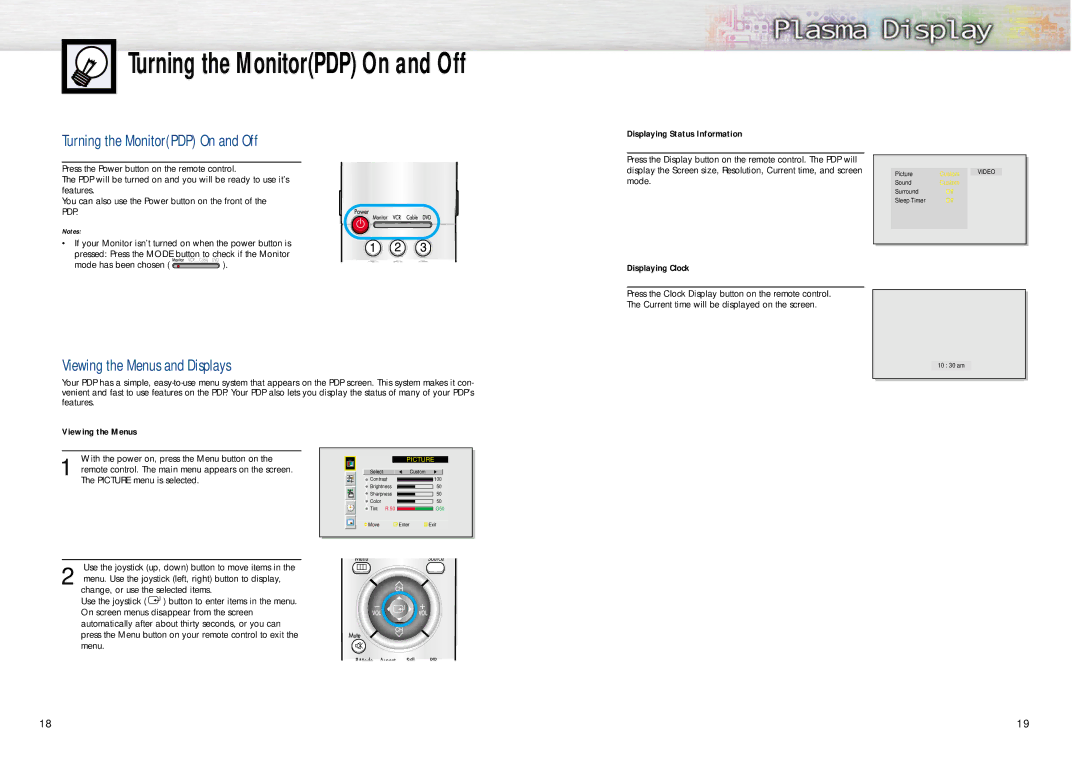 Samsung PPM42S2 manual Turning the MonitorPDP On and Off, Viewing the Menus and Displays, Displaying Status Information 