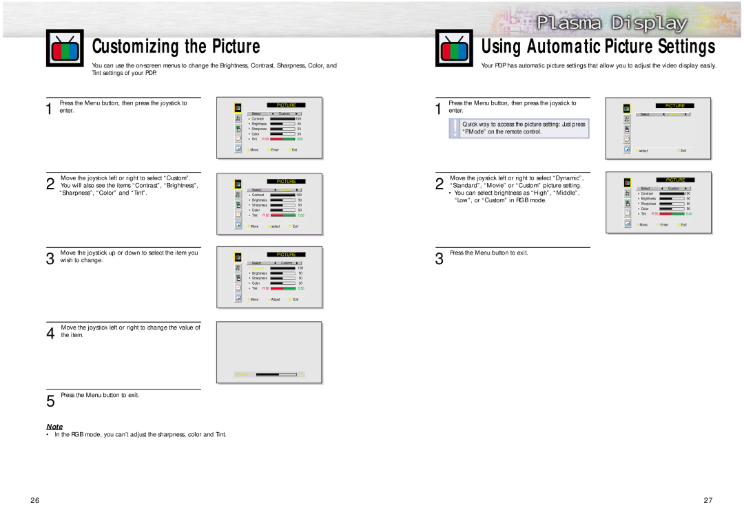 Samsung PPM42S2 manual Customizing the Picture, Using Automatic Picture Settings, Press the Menu button to exit 