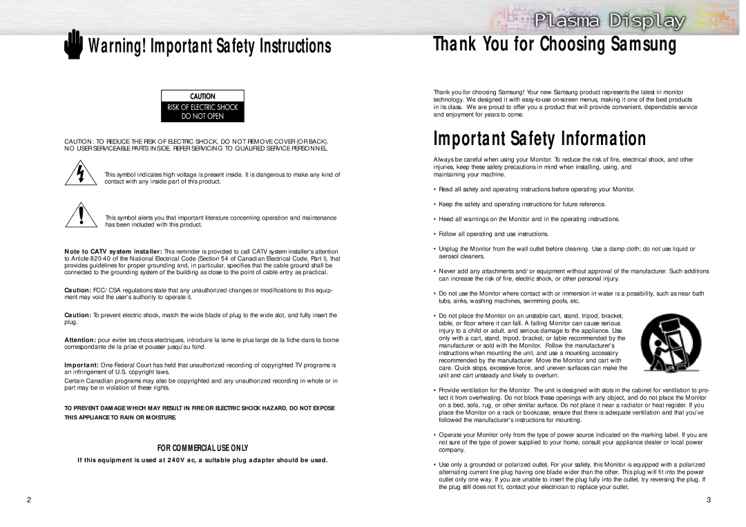 Samsung PPM42S2 manual Thank You for Choosing Samsung, Important Safety Information 