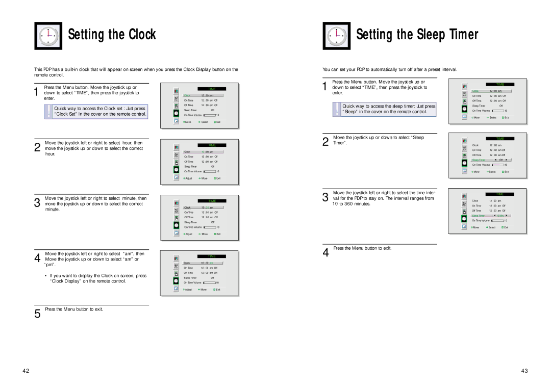 Samsung PPM42S2 manual Setting the Clock, Setting the Sleep Timer 