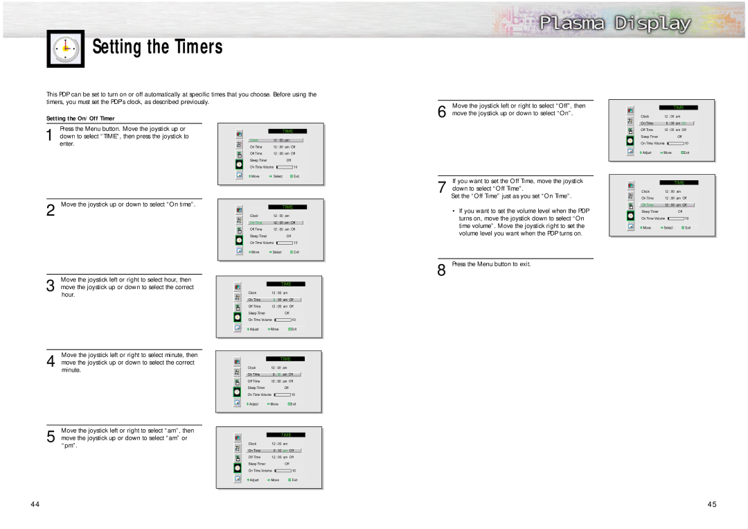 Samsung PPM42S2 manual Setting the Timers, Setting the On/Off Timer 