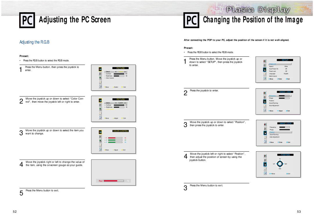 Samsung PPM42S2 manual Adjusting the PC Screen, Adjusting the R.G.B, To enter, Press the joystick to enter 