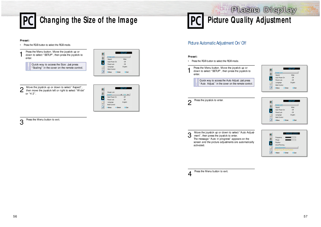 Samsung PPM42S2 manual Changing the Size of the Image Picture Quality Adjustment, Picture Automatic Adjustment On/Off 