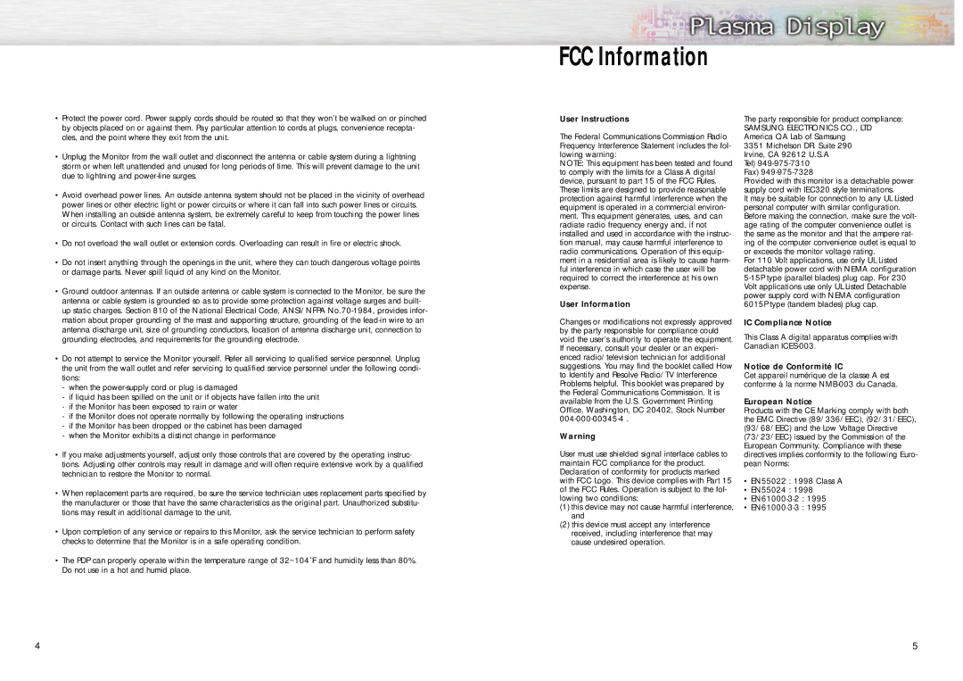 Samsung PPM42S2 manual FCC Information, User Instructions 