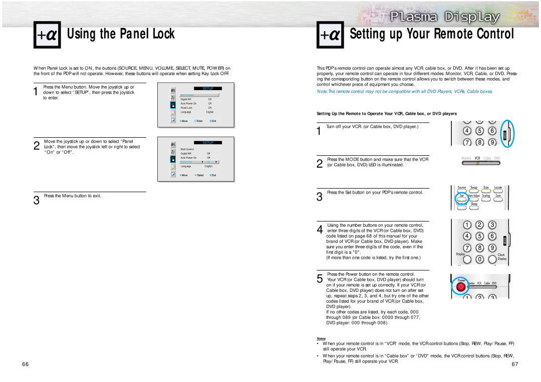 Samsung PPM42S2 manual Using the Panel Lock, Setting up Your Remote Control 