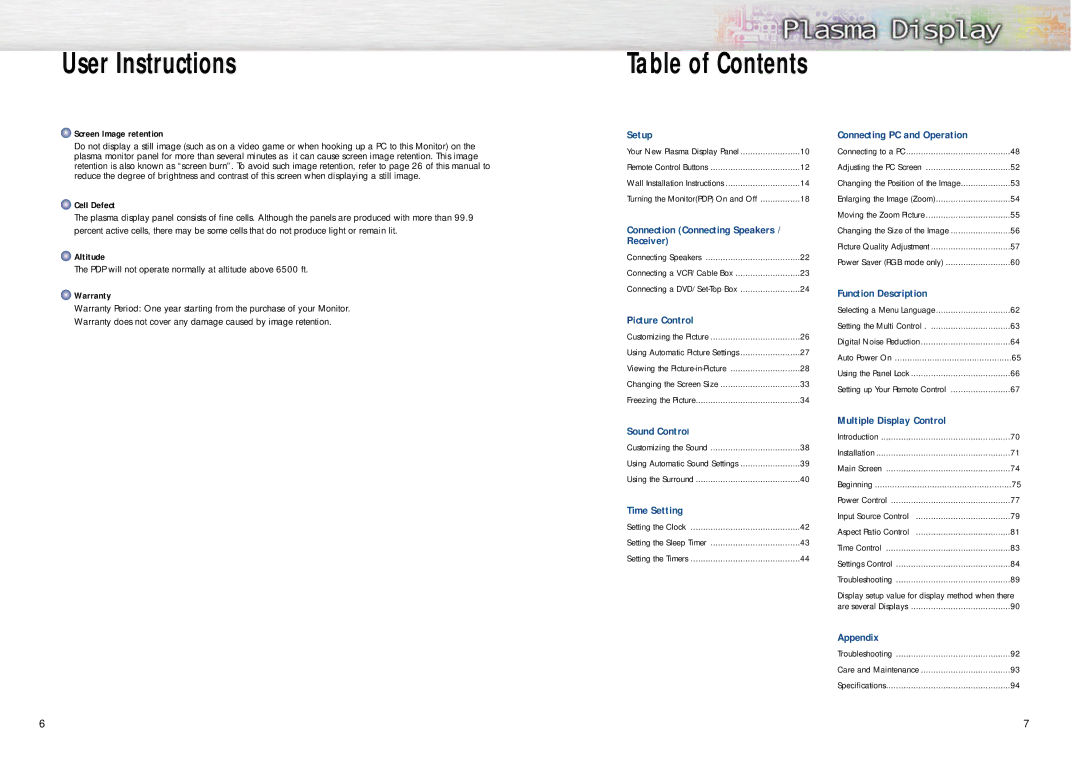 Samsung PPM42S2 manual User Instructions, Table of Contents 