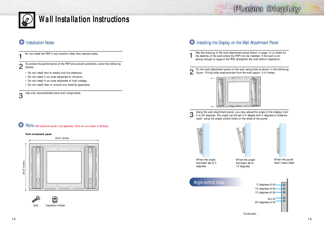 Samsung PPM42S2 Wall Installation Instructions, Installation Notes, Installing the Display on the Wall Attachment Panel 