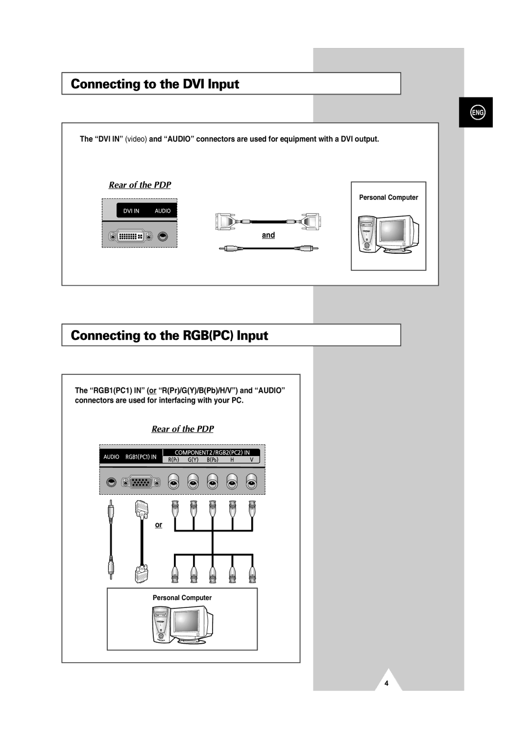 Samsung PPM50H3QX/EDC, PPM42S3QX/EDC, PPM50H3X/EDC, PPM63H3X/EDC Connecting to the DVI Input, Connecting to the Rgbpc Input 