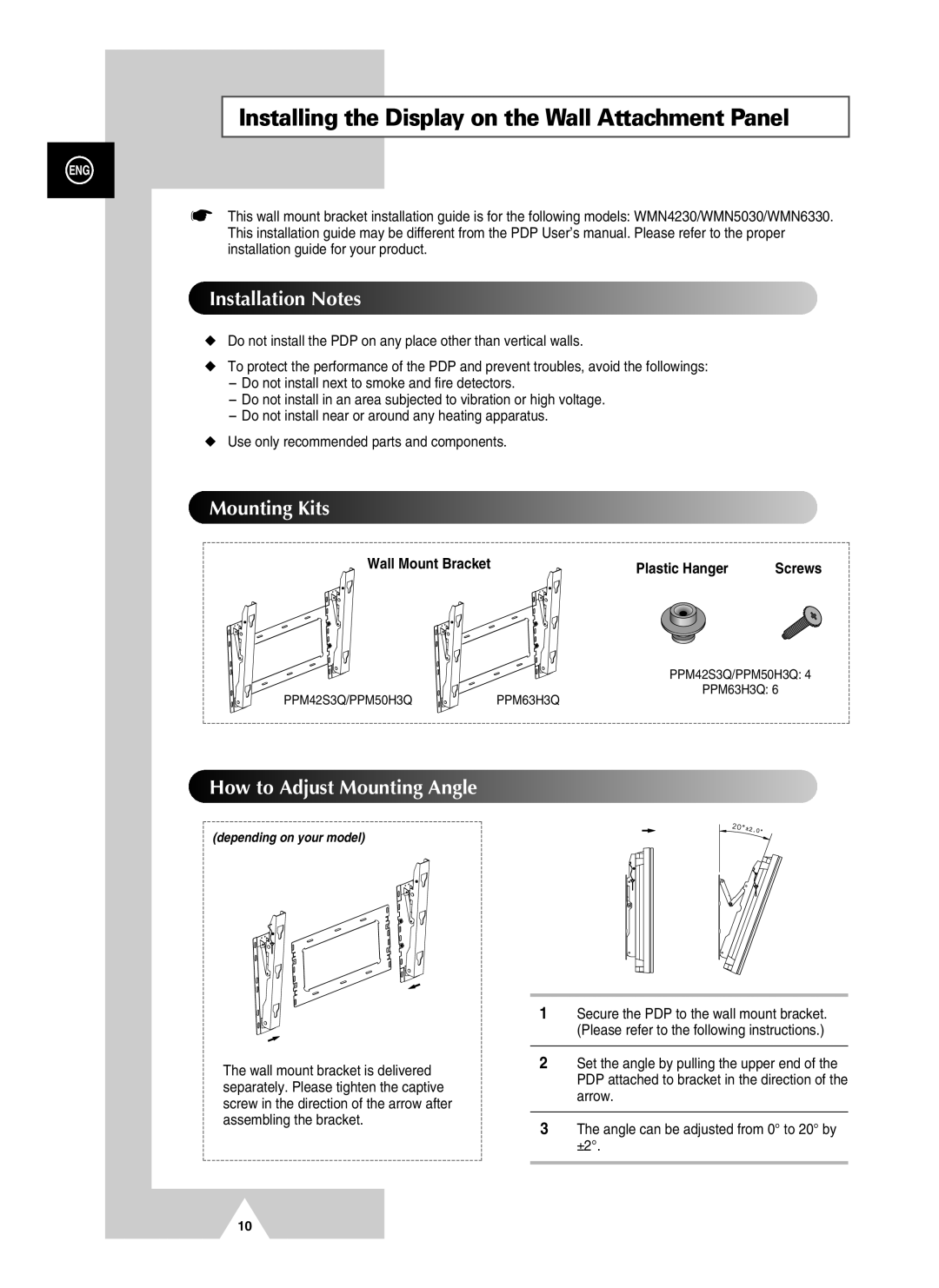 Samsung PPM50H3QX/XAA, PPM50H3QX/EDC, PPM42S3QX/EDC Installing the Display on the Wall Attachment Panel, Installation Notes 