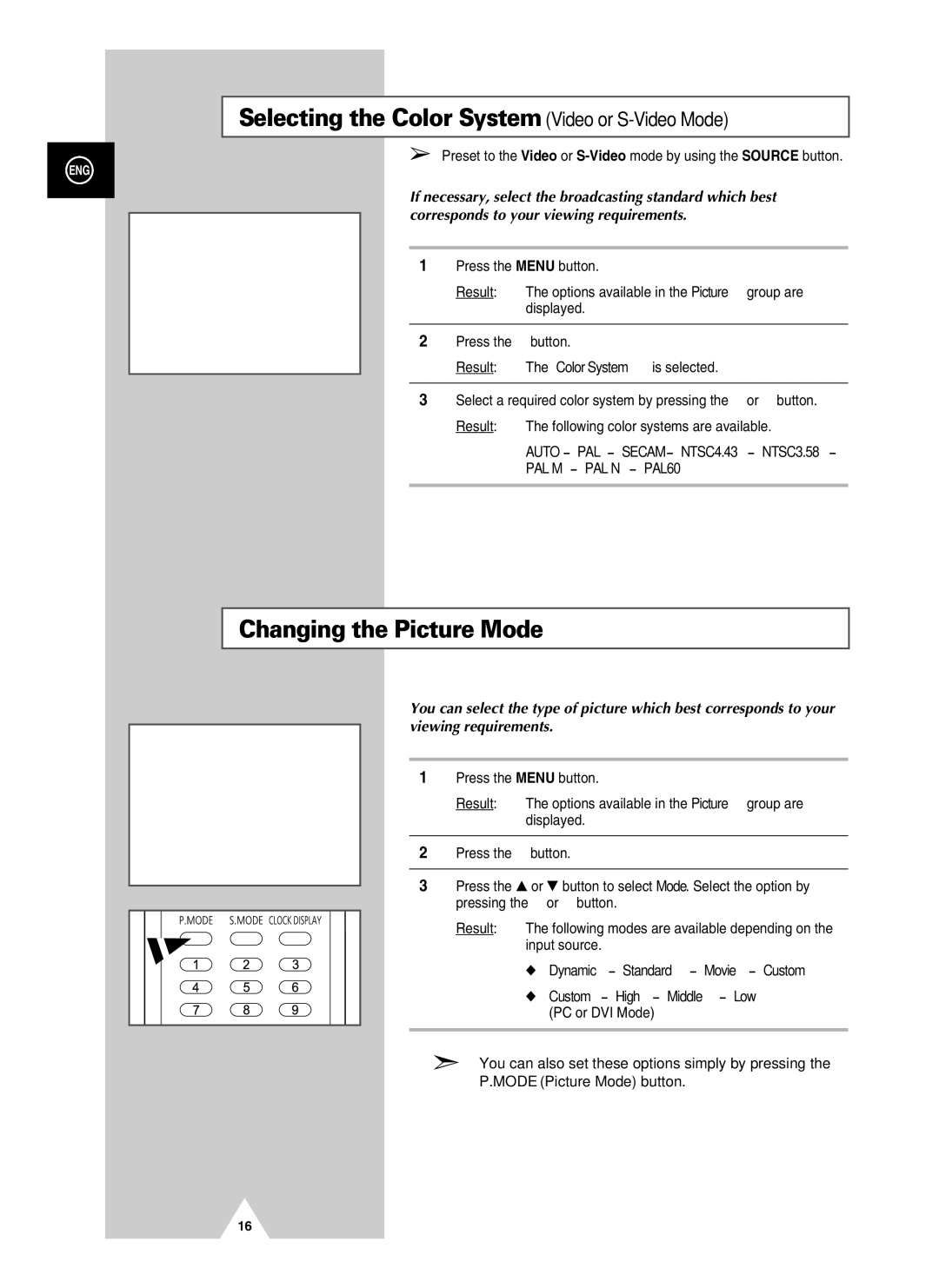 Samsung PPM63H3QX/XAA, PPM50H3QX/EDC manual Selecting the Color System Video or S-Video Mode, Changing the Picture Mode 