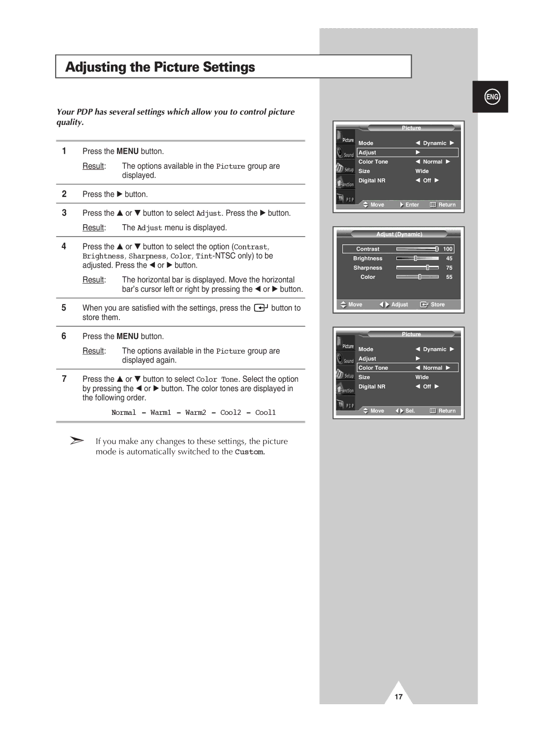 Samsung PPM50H3QX/XAA, PPM50H3QX/EDC, PPM42S3QX/EDC manual Adjusting the Picture Settings, Normal Warm1 Warm2 Cool2 Cool1 