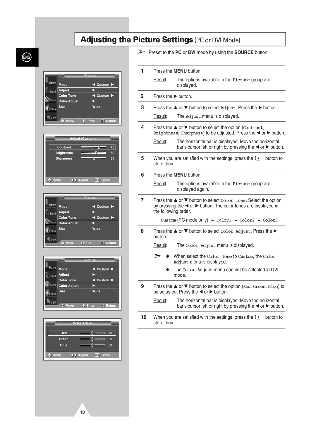 Samsung PPM63H3QX/SAI, PPM50H3QX/EDC, PPM42S3QX/EDC, PPM63H3QX/XAA manual Adjusting the Picture Settings PC or DVI Mode 