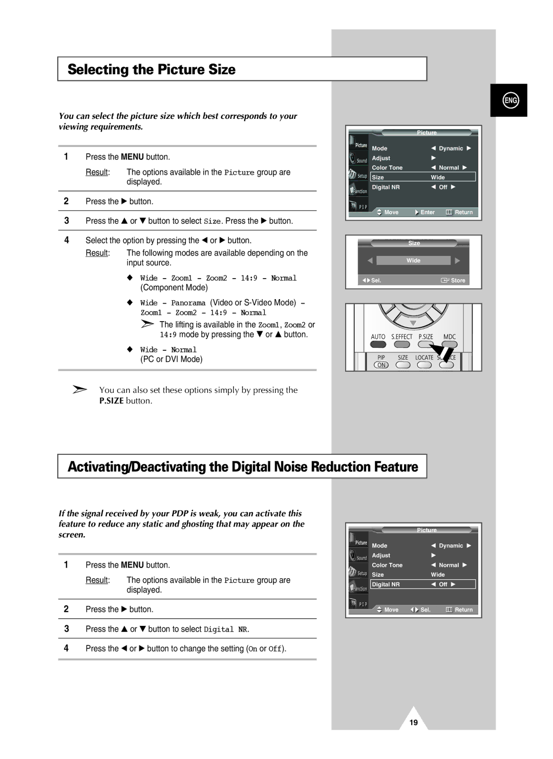 Samsung PPM42S3QX/SAI manual Selecting the Picture Size, Activating/Deactivating the Digital Noise Reduction Feature 