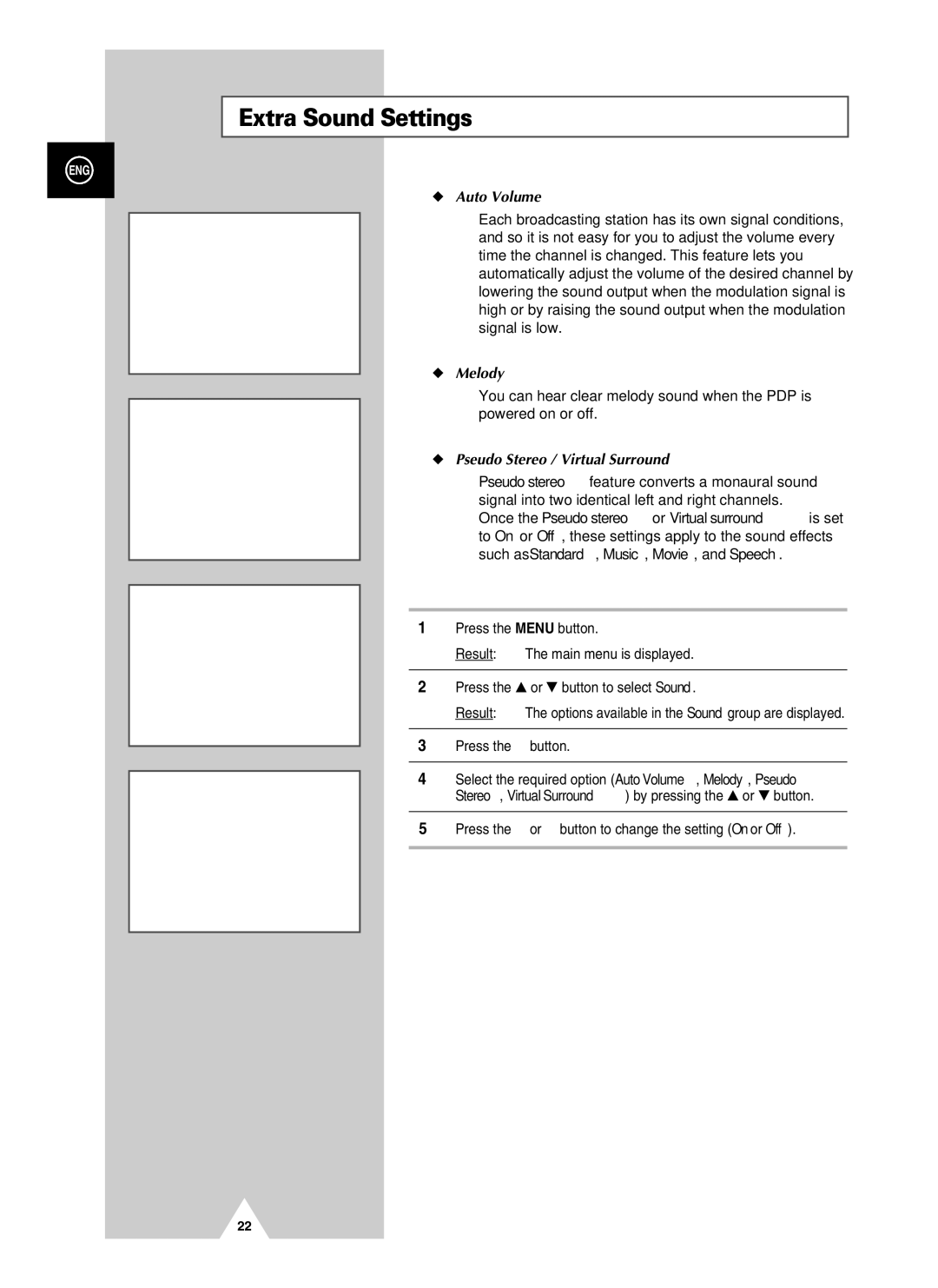 Samsung PPM42S3QX/EDC, PPM50H3QX/EDC manual Extra Sound Settings, Auto Volume, Melody, Pseudo Stereo / Virtual Surround 