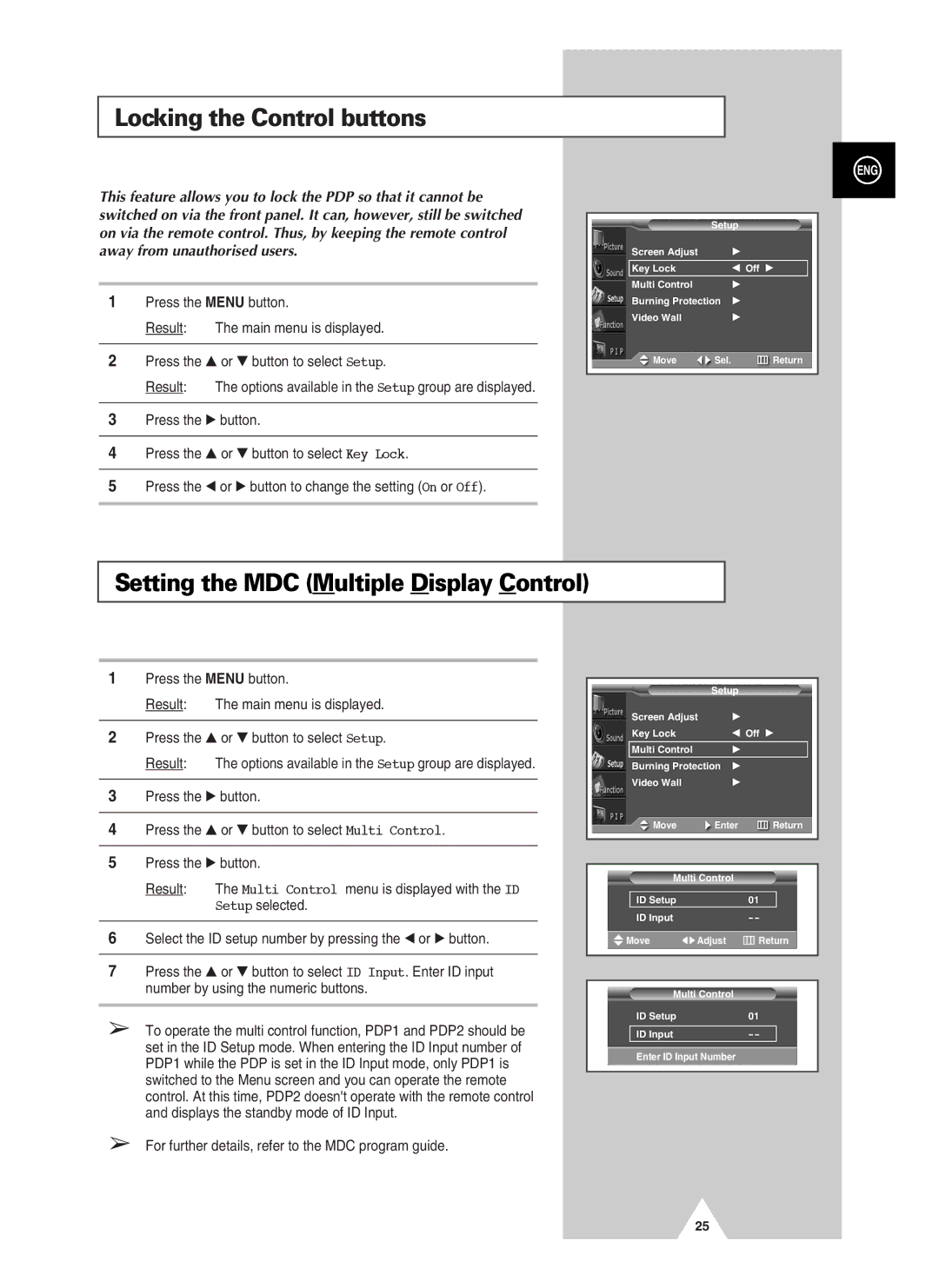 Samsung PPM63H3QX/SAI, PPM50H3QX/EDC, PPM42S3QX/EDC Locking the Control buttons, Setting the MDC Multiple Display Control 