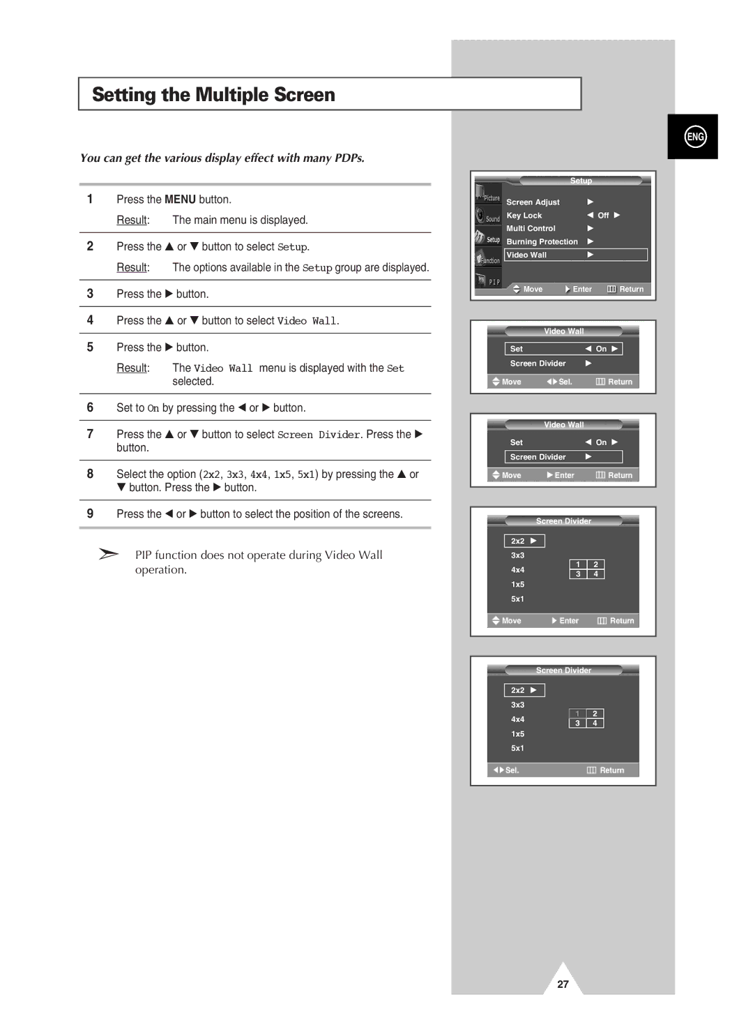 Samsung PPM50H3QX/SAI, PPM50H3QX/EDC Setting the Multiple Screen, You can get the various display effect with many PDPs 