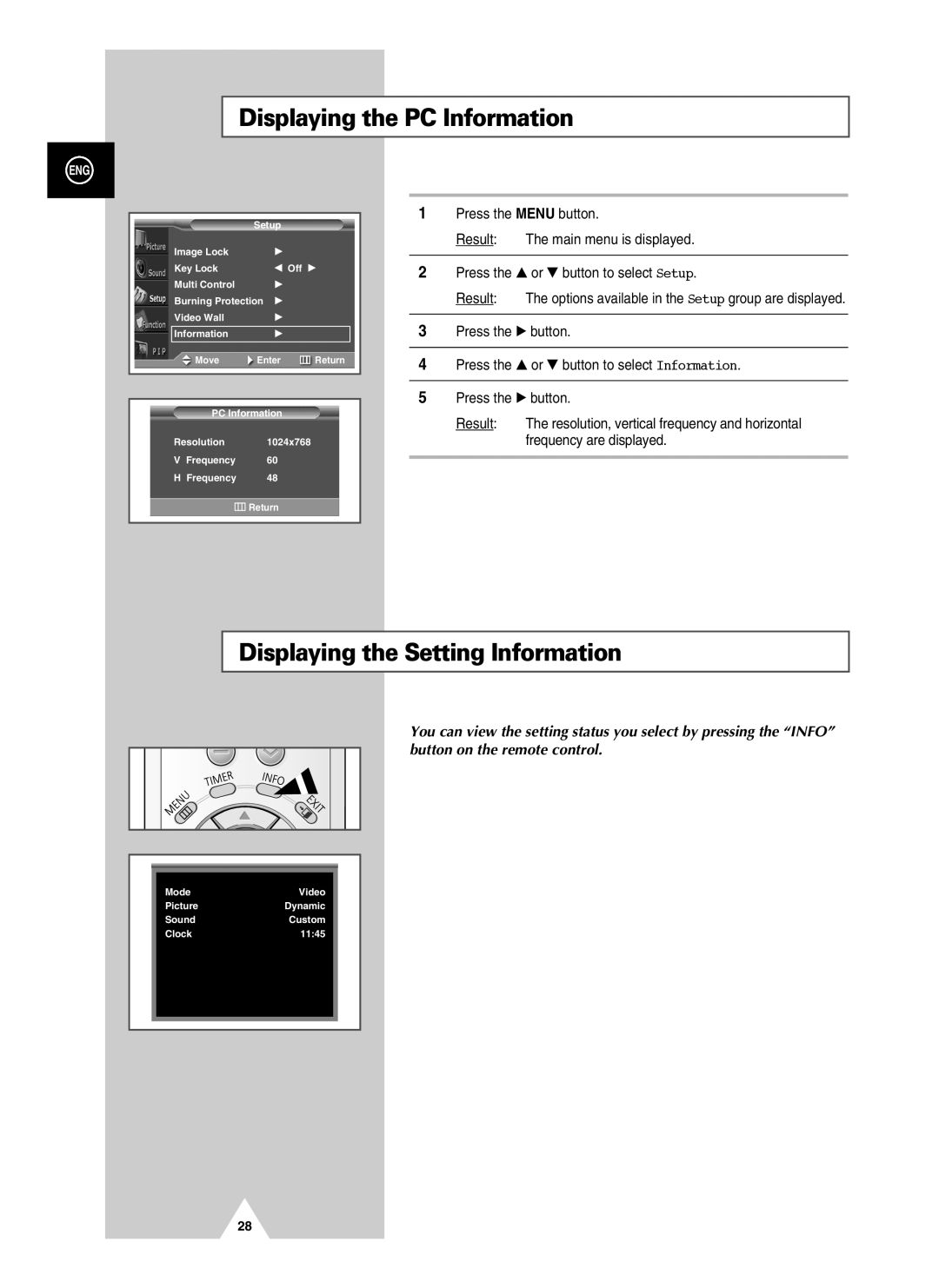 Samsung PPM50H3QX/EDC, PPM42S3QX/EDC, PPM63H3QX/XAA manual Displaying the PC Information, Displaying the Setting Information 