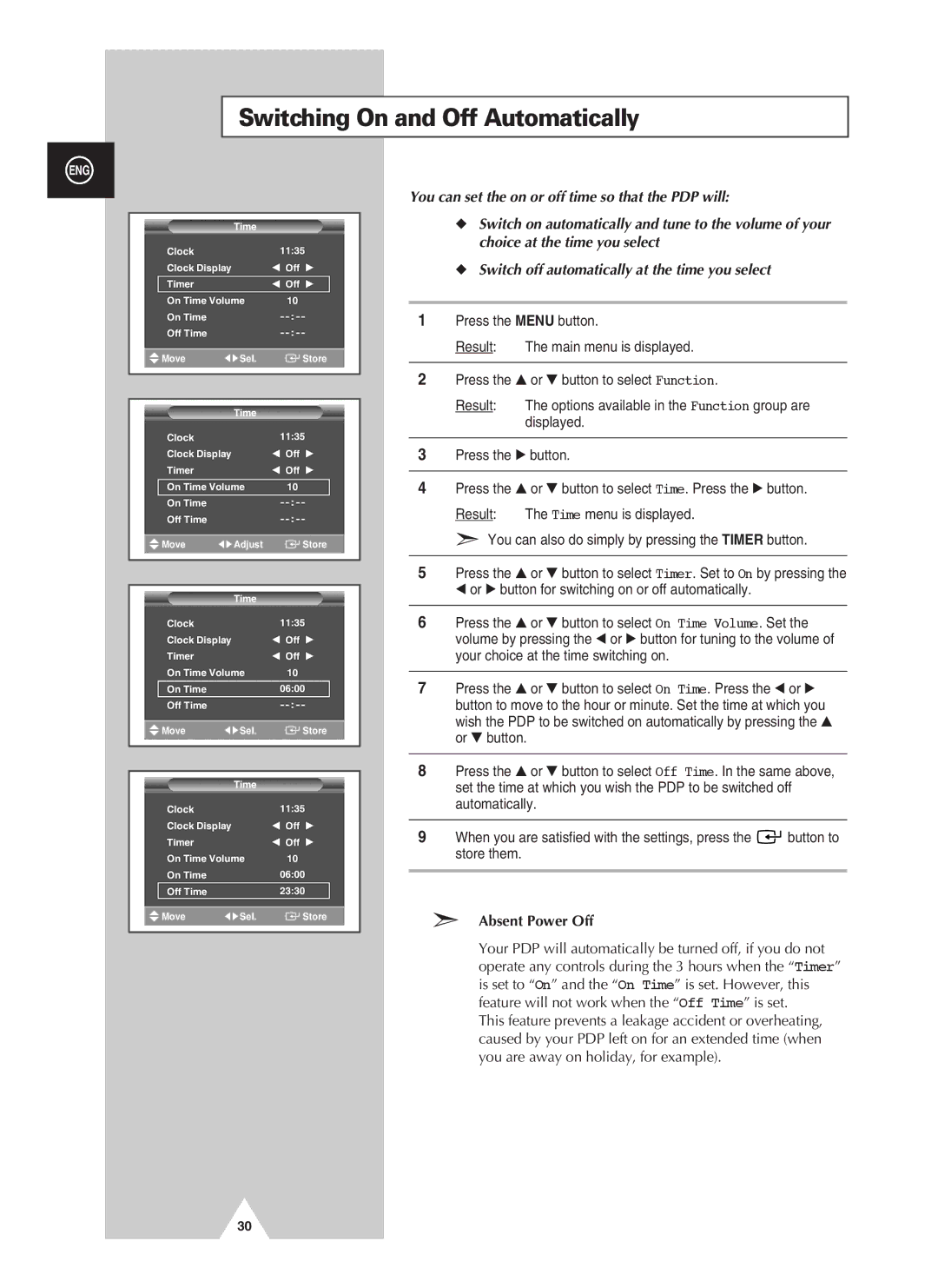 Samsung PPM63H3QX/XAA, PPM50H3QX/EDC, PPM42S3QX/EDC, PPM50H3QX/XAA manual Switching On and Off Automatically, Absent Power Off 