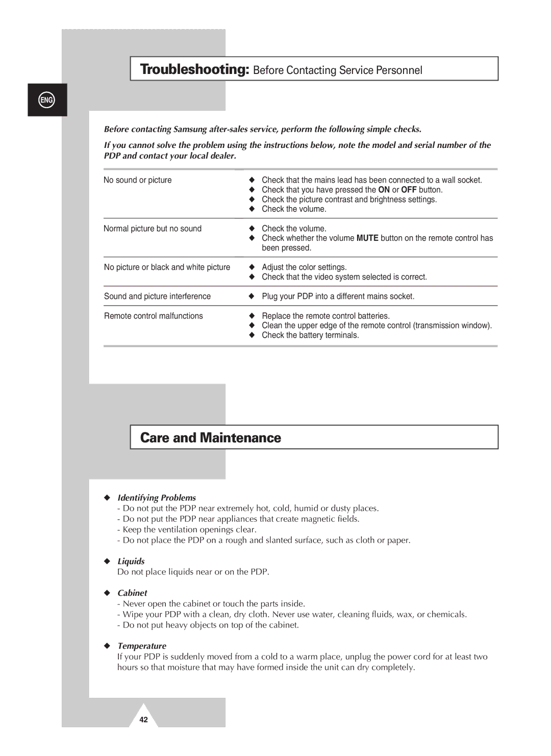 Samsung PPM50H3QX/EDC, PPM42S3QX/EDC manual Care and Maintenance, Identifying Problems, Liquids, Cabinet, Temperature 