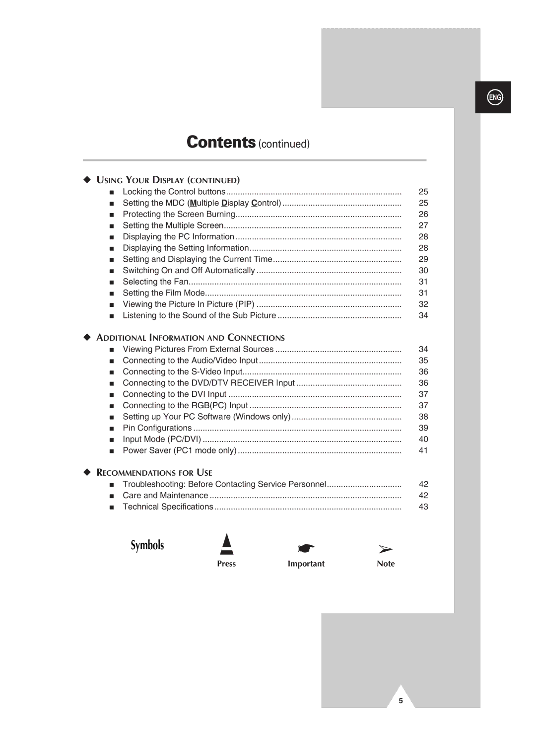 Samsung PPM42S3QX/SAI, PPM50H3QX/EDC, PPM42S3QX/EDC, PPM63H3QX/XAA, PPM50H3QX/XAA, PPM63H3QX/SAI manual Symbols, Contents 