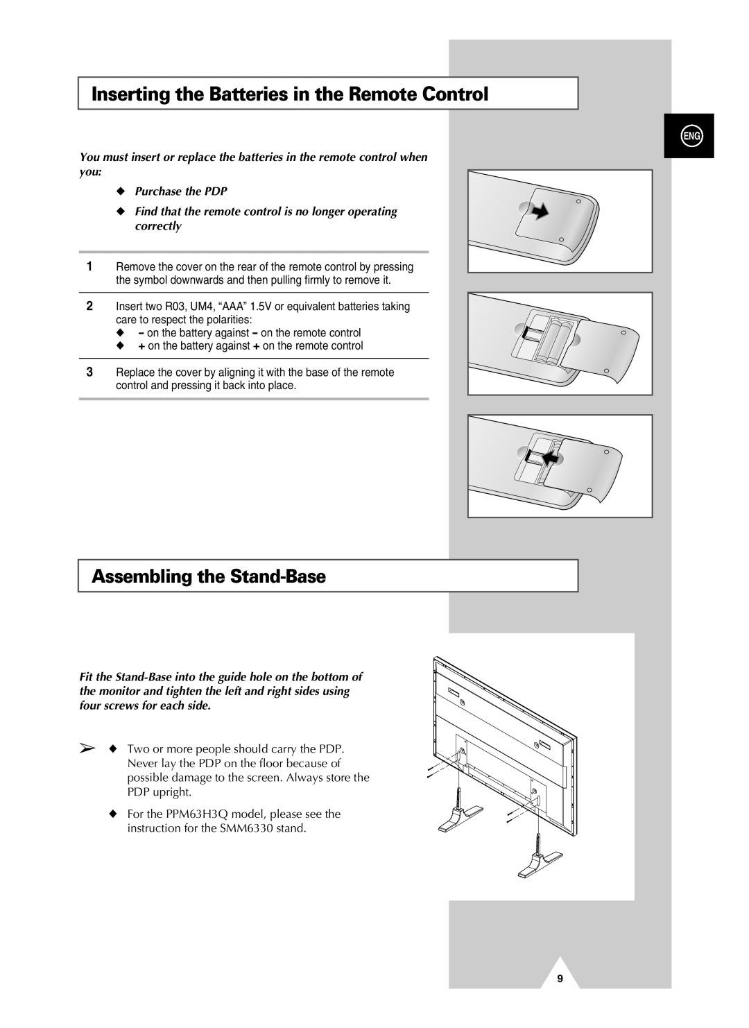 Samsung PPM63H3QX/XAA, PPM50H3QX/EDC manual Inserting the Batteries in the Remote Control, Assembling the Stand-Base 