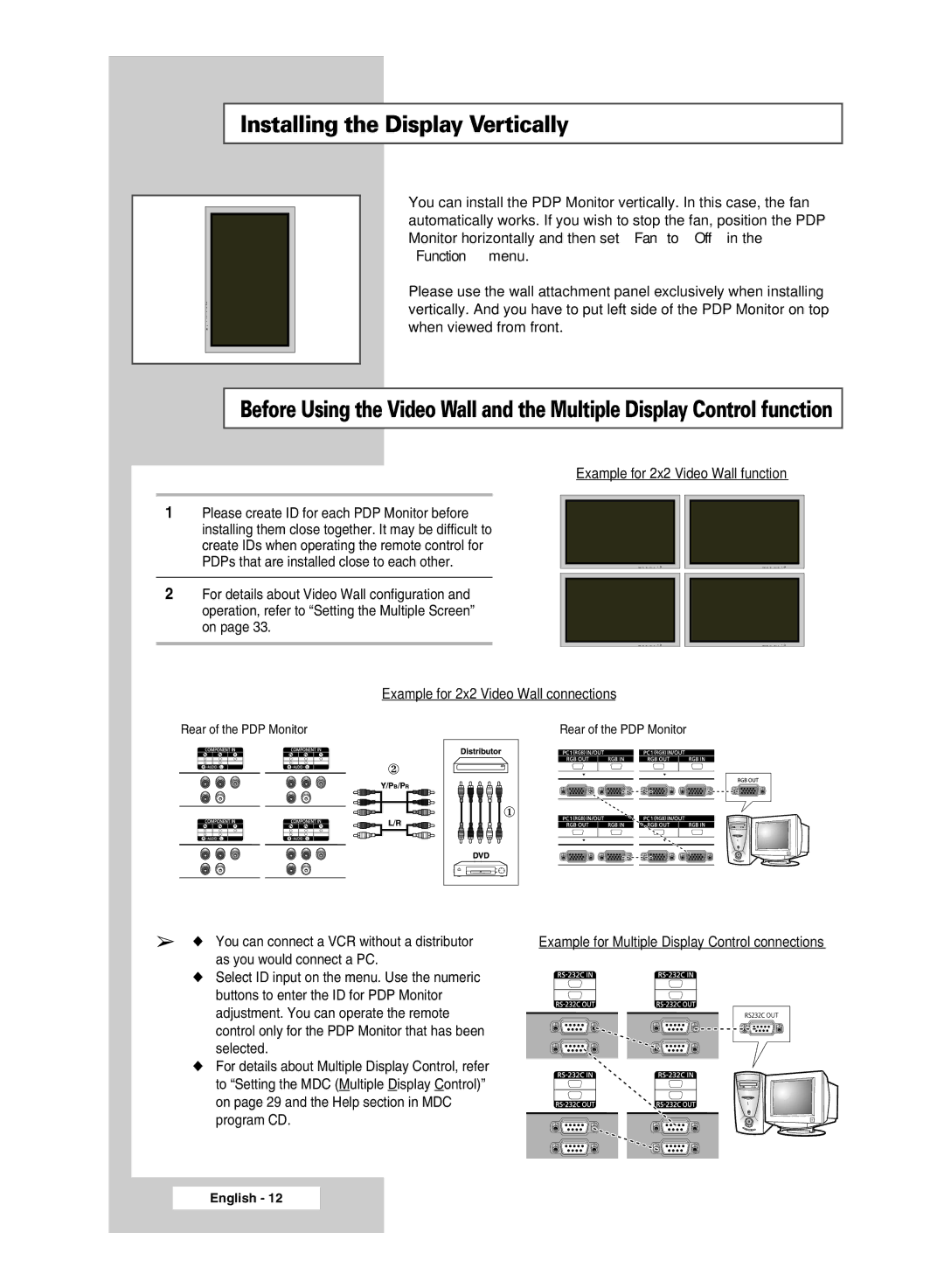 Samsung PPM50M5H, PPM42M5H manual Example for 2x2 Video Wall function, Example for 2x2 Video Wall connections 