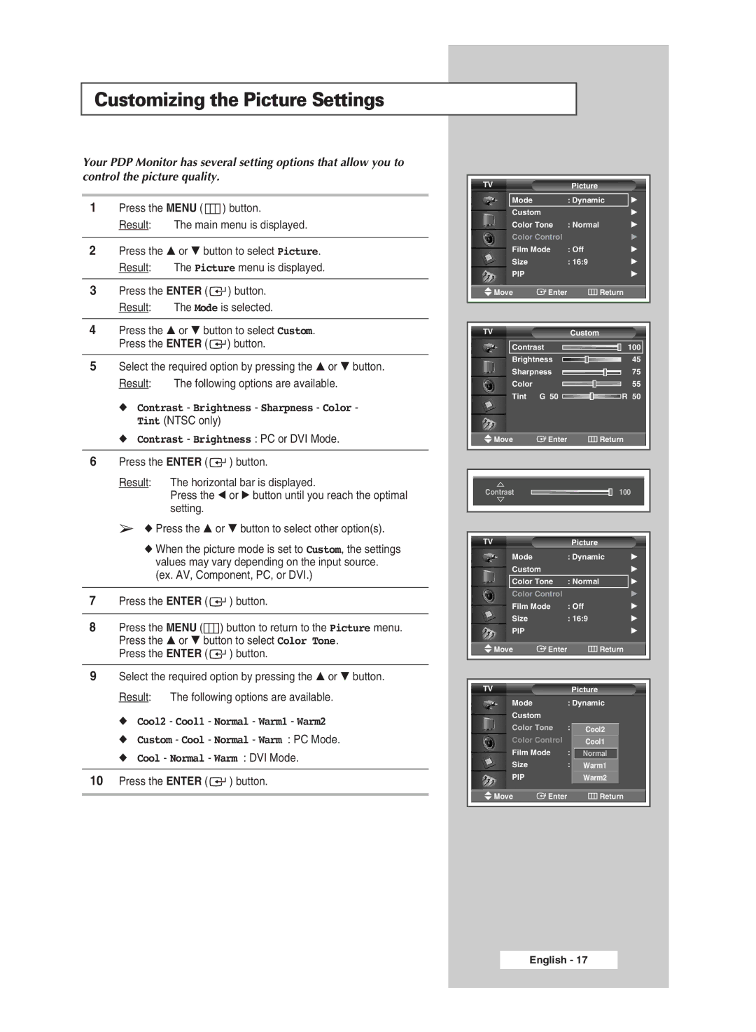 Samsung PPM42M5H, PPM50M5H manual Customizing the Picture Settings, Contrast Brightness PC or DVI Mode 